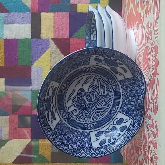 CHINOISERIE FISH MOTIF BLUE & WHITE RICE/SAUCE BOWLS SET 4 - Picture 9 of 9